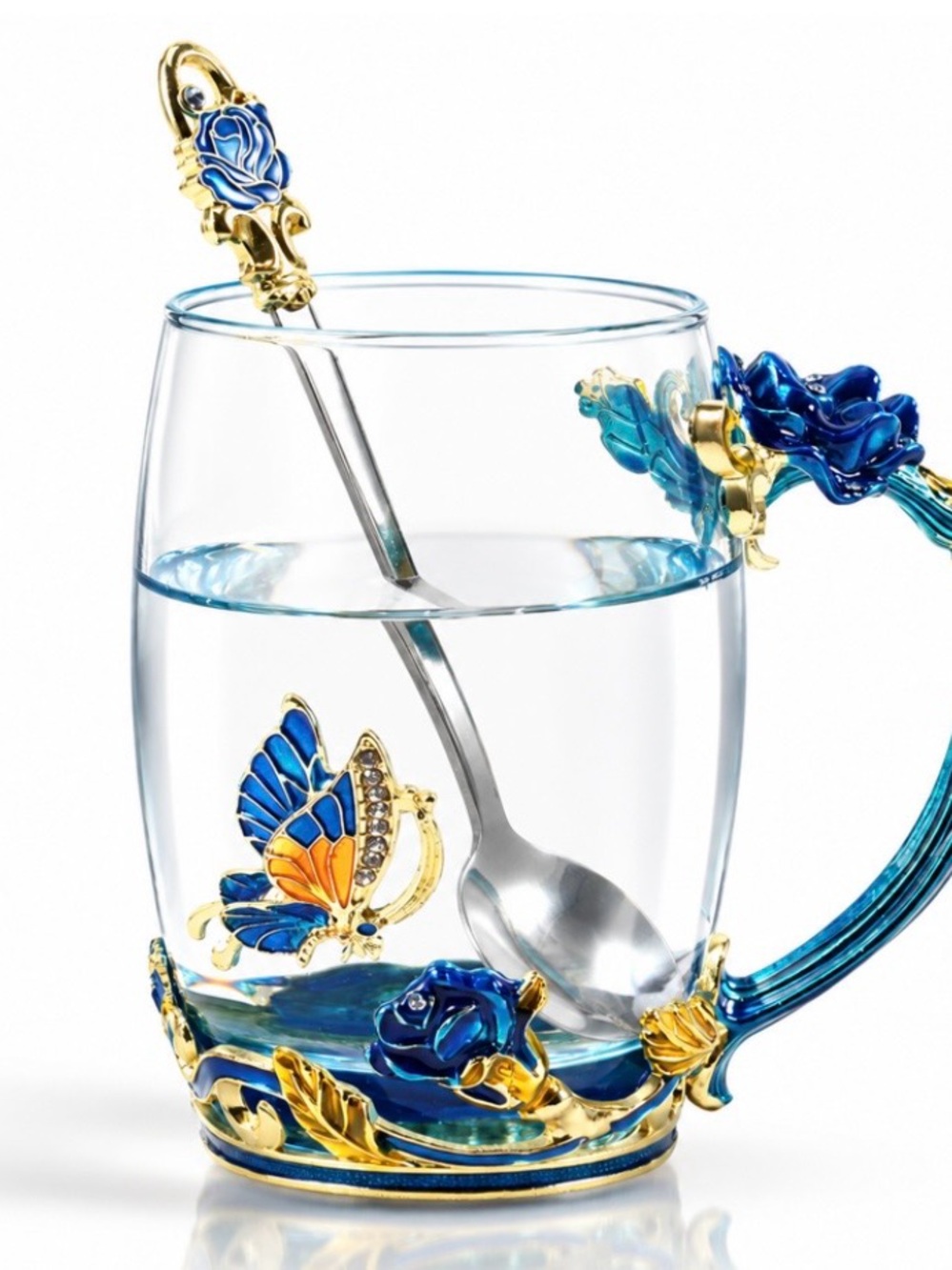 Elegant Blue & Gold Butterfly Glass blue-tall